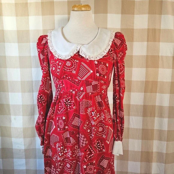 Vintage 70s Handmade Red Bandana Print Maxi Dress Puff Sleeve Peter Pan Collar S - Picture 2 of 7
